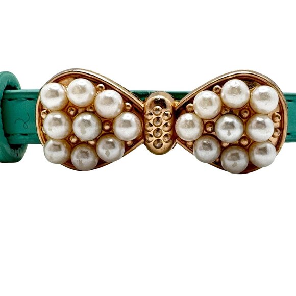 Mint Green Faux Leather Belt Pearl-Embellished Gold Bow Buckle Adjustable 29-33" - Picture 2 of 8